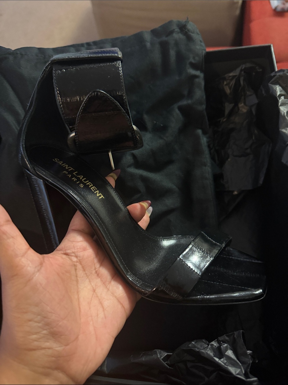 Saint Laurent Black Patent Leather Ankle Strap Heels